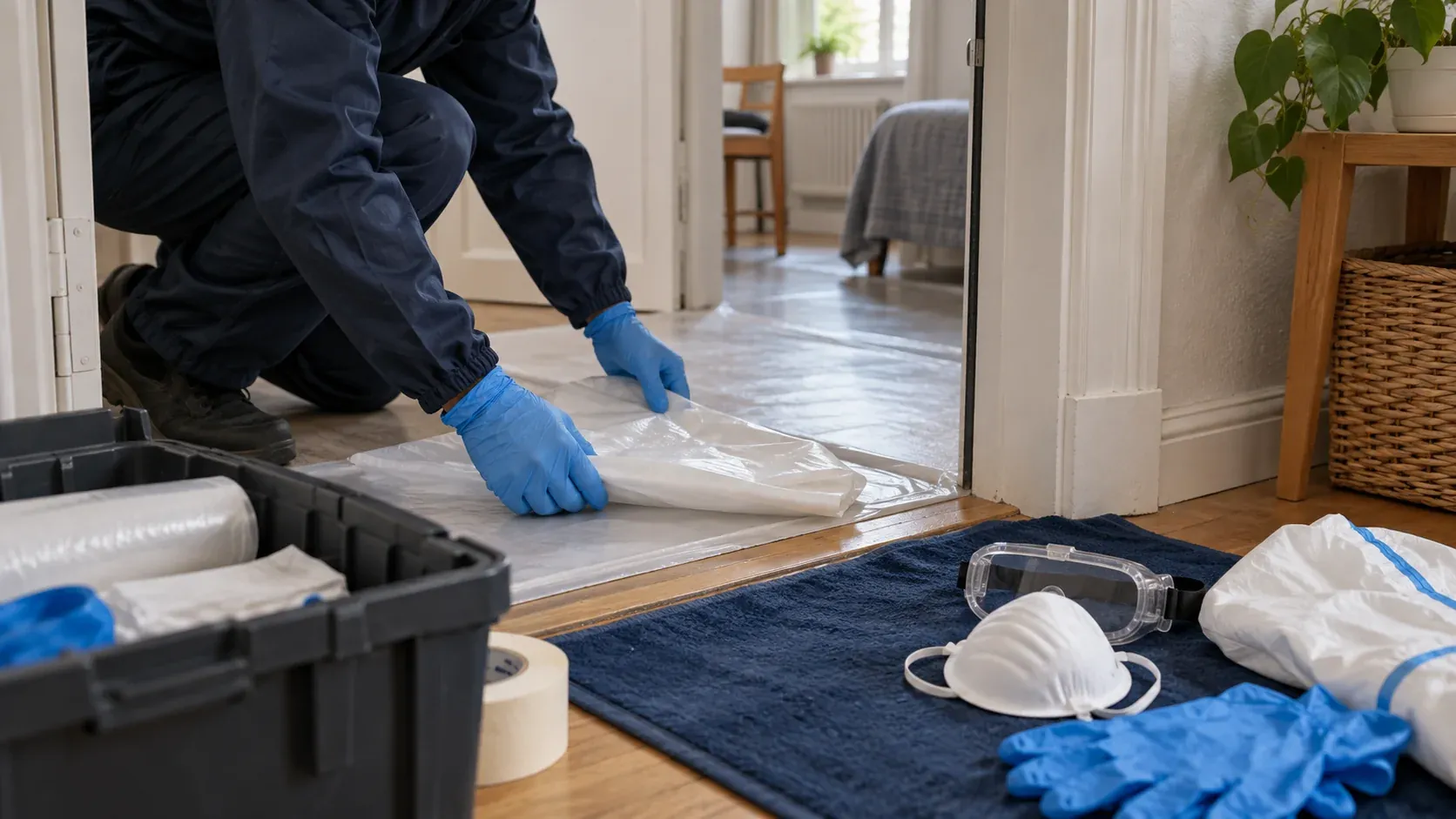Préparation des équipements de protection à l’entrée du logement