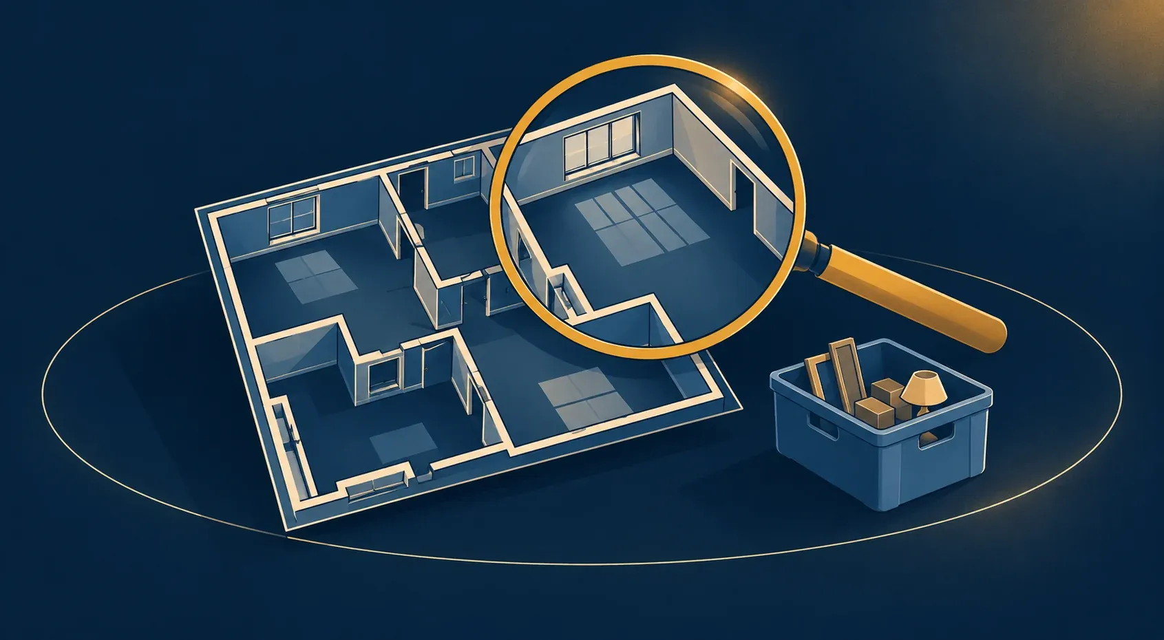 Illustration d’un plan de logement examiné avec une loupe et une caisse de tri